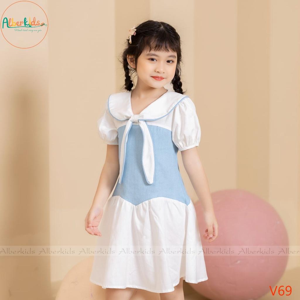 Váy bé gái ALBERKIDS trắng phối xanh denim cho trẻ em 2,3,4,5,6,7,8,9,10,11,12 tuổi