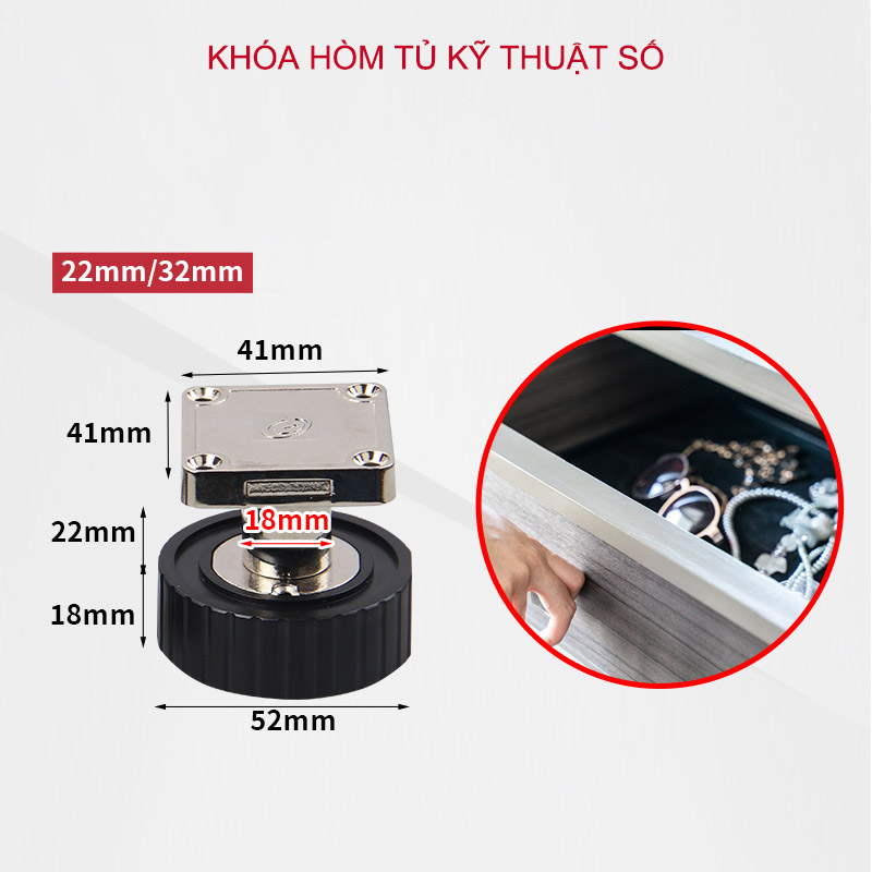 Khóa số điện tử KTS138 dùng cho cánh tủ, ngăn kéo bàn, loại mặt tròn, 6 số có thể thay đổi được mã số