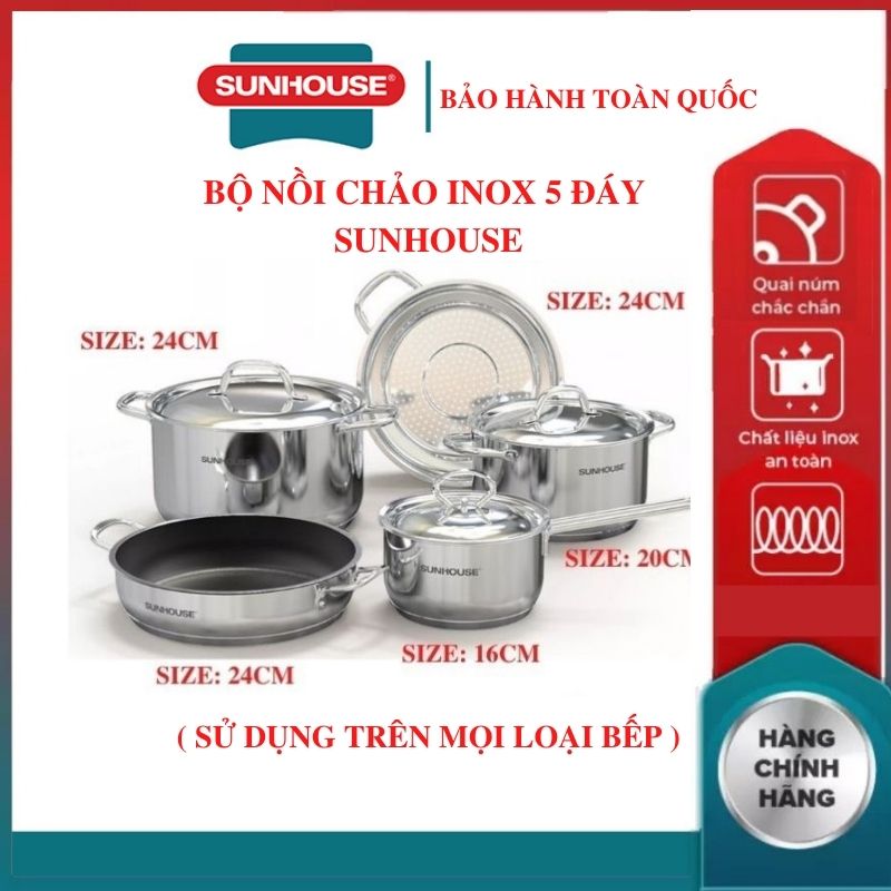 Bộ nồi chảo inox 5 món 5 đáy SUNHOUSE SHG995-2022 bếp từ chất liệu inox cao cấp an toàn sức khỏe