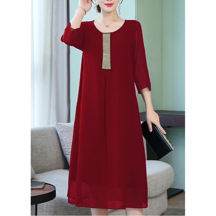Đầm Trung Niên Dự Tiệc Vải Voan Dáng Suông Hai Lớp. Size S->5XL