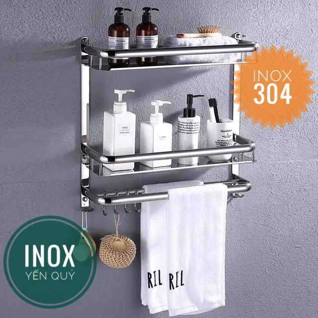 Kệ để đồ nhà tắm 3 tầng có móc treo và thanh treo khăn