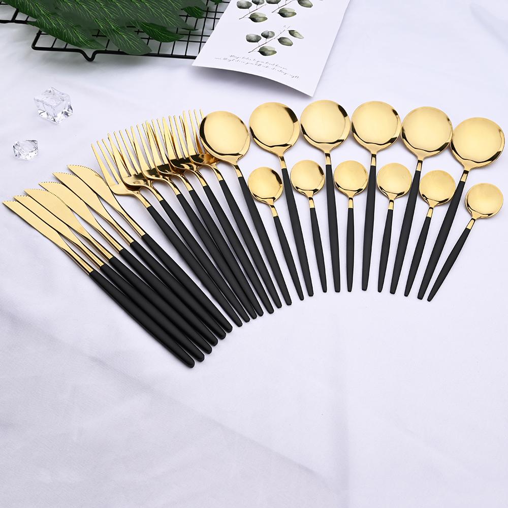 24Pcs Đen Vàng Chén Ăn Bộ Bộ Dao Kéo Hợp Kim Inox Nhà Bếp Dao Muỗng Nĩa Thìa Bộ Đồ Ăn Phẳng Bằng Bộ Kiềng Bạc Bộ