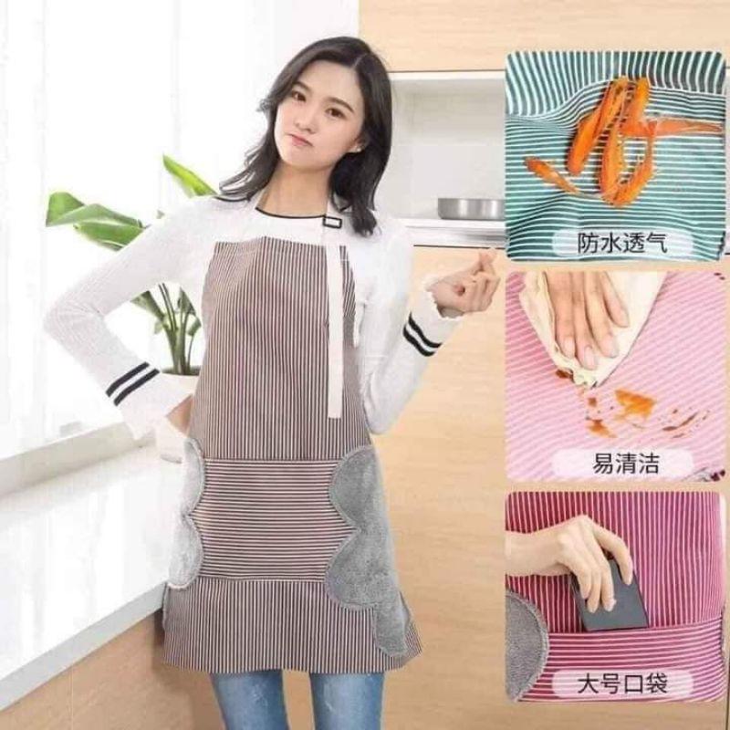 Tạp dề kẻ hoa có khăn lau tay bên hông LOẠI DÀY và có túi để điện thoại chống thấm nước tiện lợi