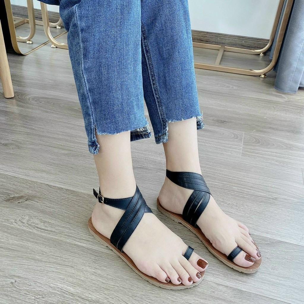 Giày Xăng Đan nữ đế bằng -Giày Sandal Nữ Tiểu Thư đế bệt chiến binh xỏ ngón dây mảnh quai chéo- Sandal Nữ Đế Bằng đi học