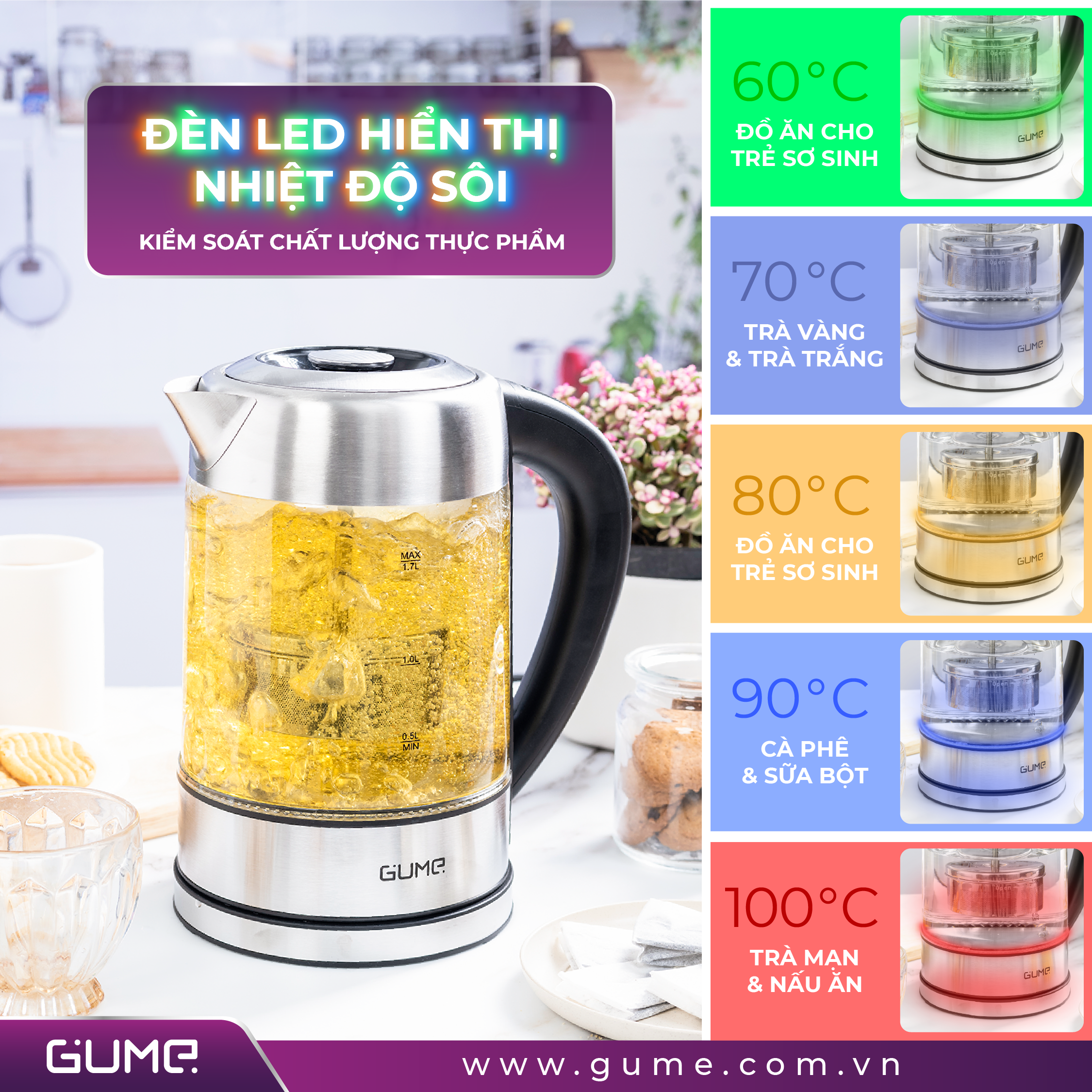 Ấm Đun Siêu Tốc Khử Clo GUME Thủy Tinh 1.7L - Hàng Nhập Khẩu Hàn Quốc