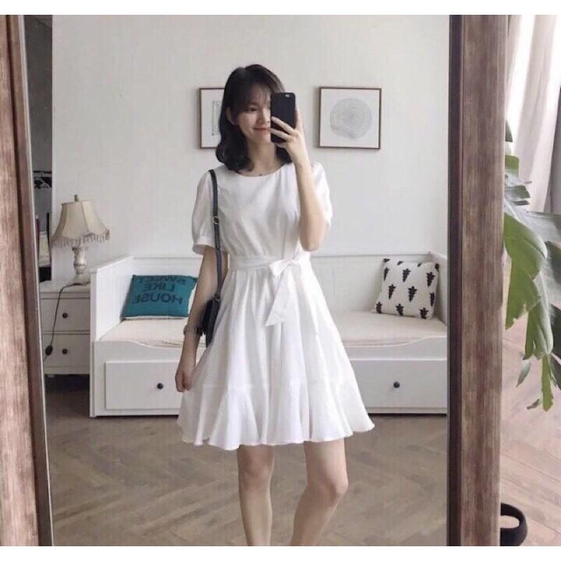 Đầm trắng xoè tay phồng có ảnh thật shop chụp