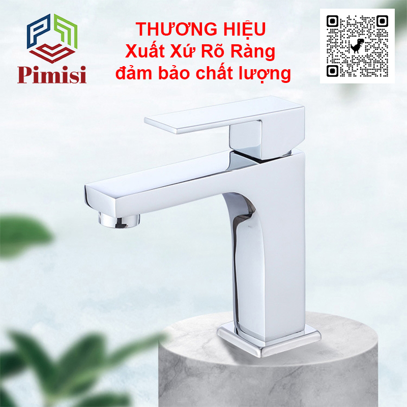 Vòi Rửa Mặt Pimisi PV-418C-1 Thân Vuông Nóng Lạnh Cho Chậu Rửa Lavabo 1 Lỗ Âm - Dương Mặt Bàn Đá Làm Từ Đồng Thau Sáng Bóng - Chỉnh Nước Bằng Gật Gù Nóng Lạnh Trong Nhà Tắm Với Đủ Phụ Kiện Xi Phông Và Dây Cấp Nước | Chính Hãng