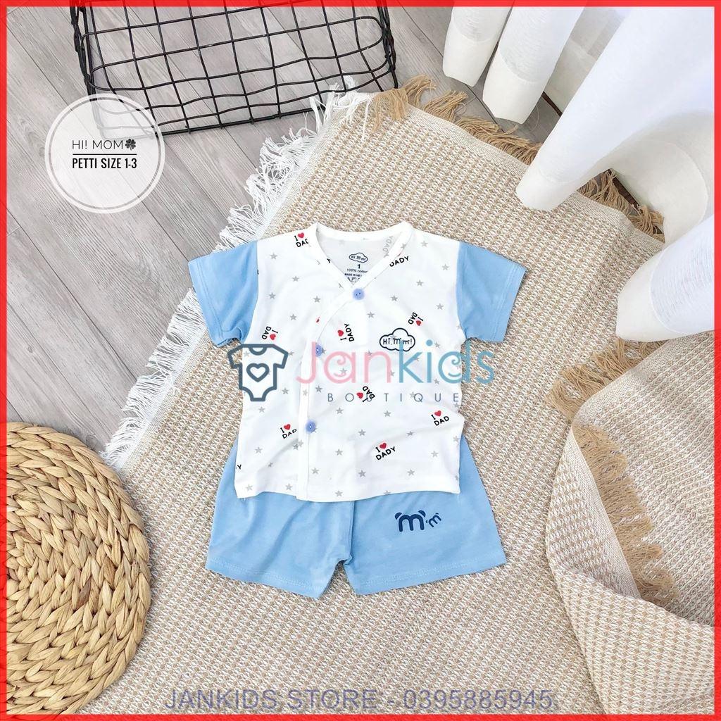 Bộ quần áo sơ sinh cộc tay cài cúc lệch HI! MOM chất petit thun lạnh hoạ tiết I love Dad/Mom/Family phối tay, quần màu