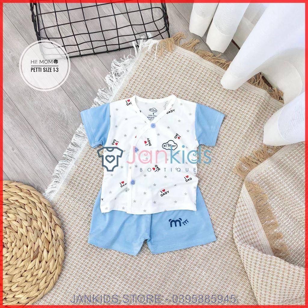 Bộ quần áo sơ sinh cộc tay cài cúc lệch HI! MOM chất petit thun lạnh hoạ tiết I love Dad/Mom/Family phối tay, quần màu