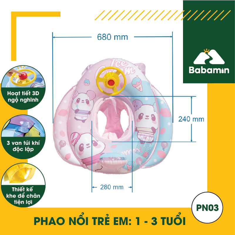 Phao Bơi Chống Lật Cho Bé 1,2,3 Tuổi - Bơm Hơi, Hình 3D Phi Thuyền - Babamin - PN03