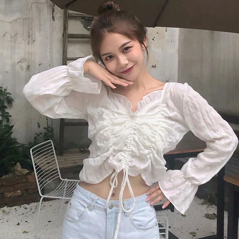 Áo Kiểu Tay Dài Màu Trơn Thiết Kế Cổ Chữ V Thời Trang Thanh Lịch