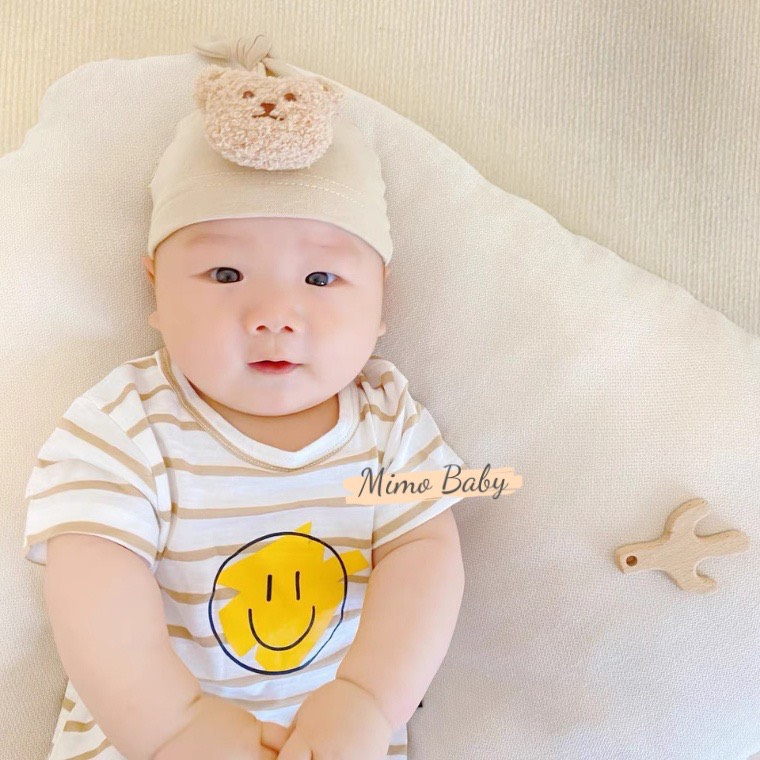 mũ vải cotton dáng tỏi gắn hình mặt gấu cho bé sơ sinh dưới 4 tháng tuổi