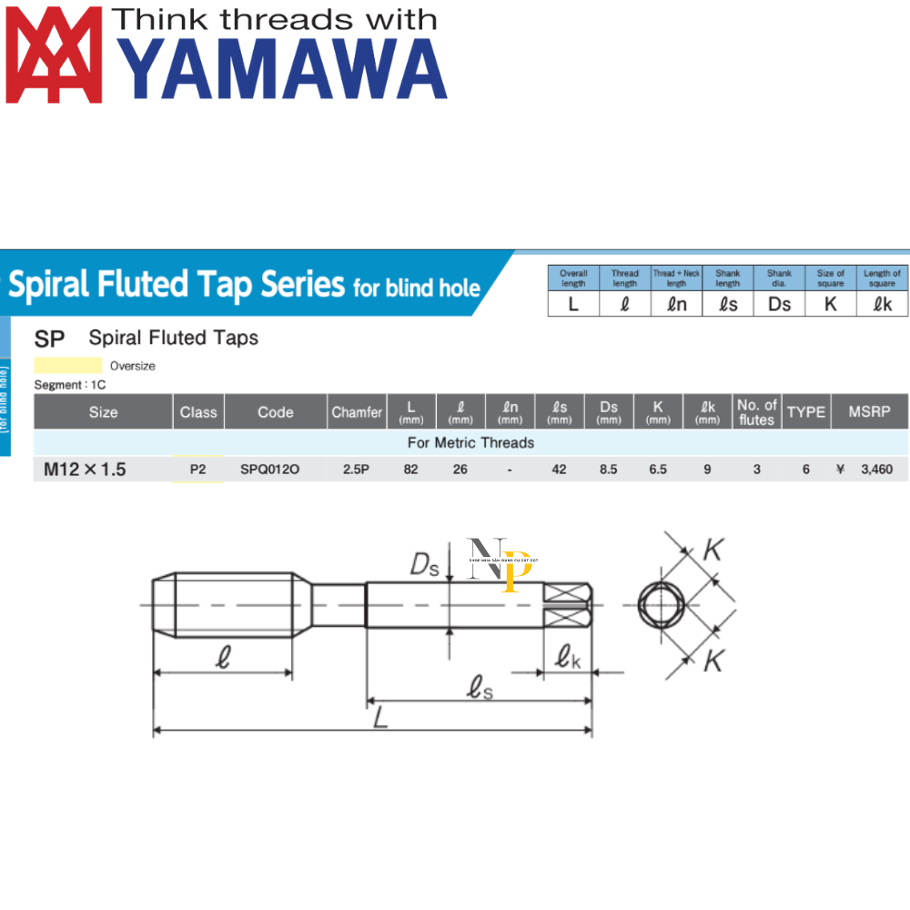 Mũi Taro Xoắn P2 M12x1.5 YAMAWA - SPQ012O