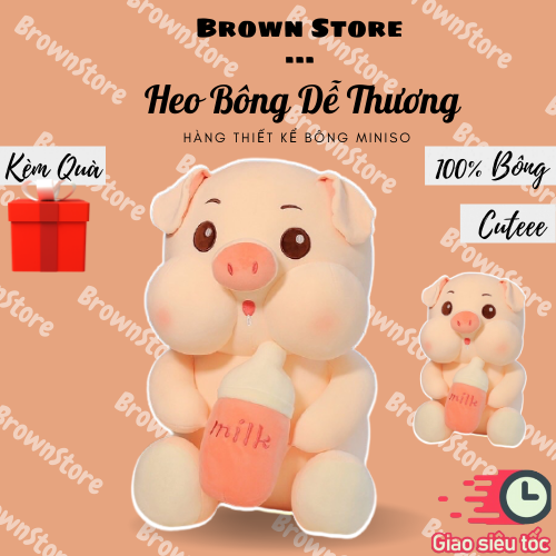 Gấu Bông Heo Ôm Bình Sữa Size 60Cm Nhồi Bông Dễ Thương