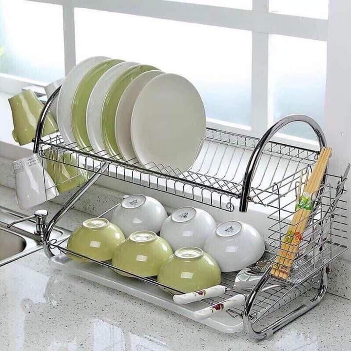 Giá úp bát inox 2 tầng có khay hứng nước