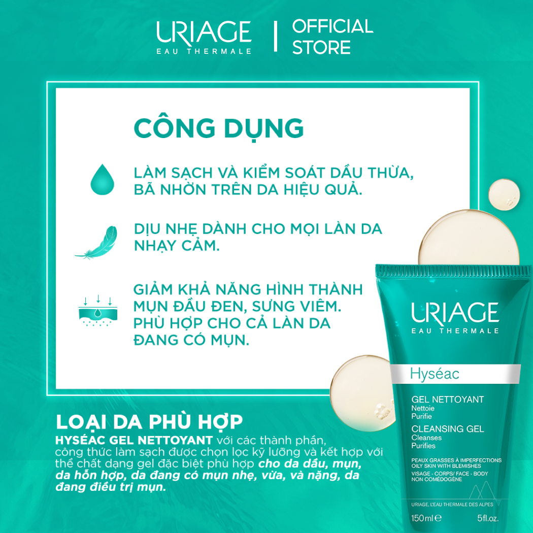 Gel rửa mặt cho da dầu, mụn URIAGE HYSÉAC GEL NETTOYANT 150ml