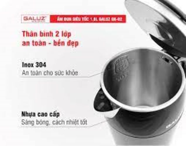 Ấm siêu tốc Galuz GK-02, dung tích 1.8L chất liệu inox 304, hàng chính hãng