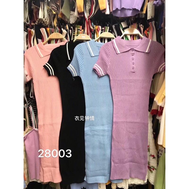 Váy Body Len Gân Cổ Bẻ Pha Viền Hàng QC