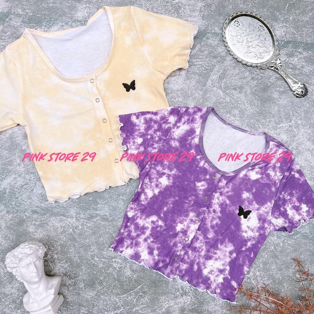 Áo Croptop Body Cổ Tròn Tay Ngắn Cúc Bấm Loang Màu Thêu Bướm A5086