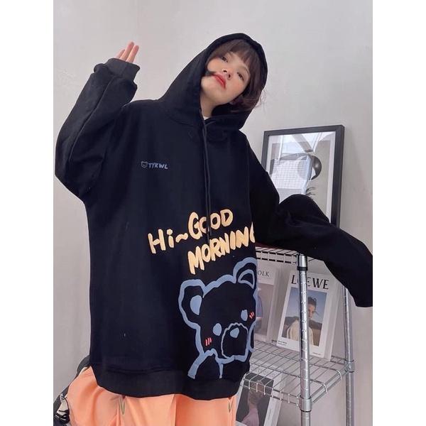 ÁO HOODIE CÓ MŨ FORM RỘNG MÀU ĐEN HÌNH GẤU GOOD MORNING
