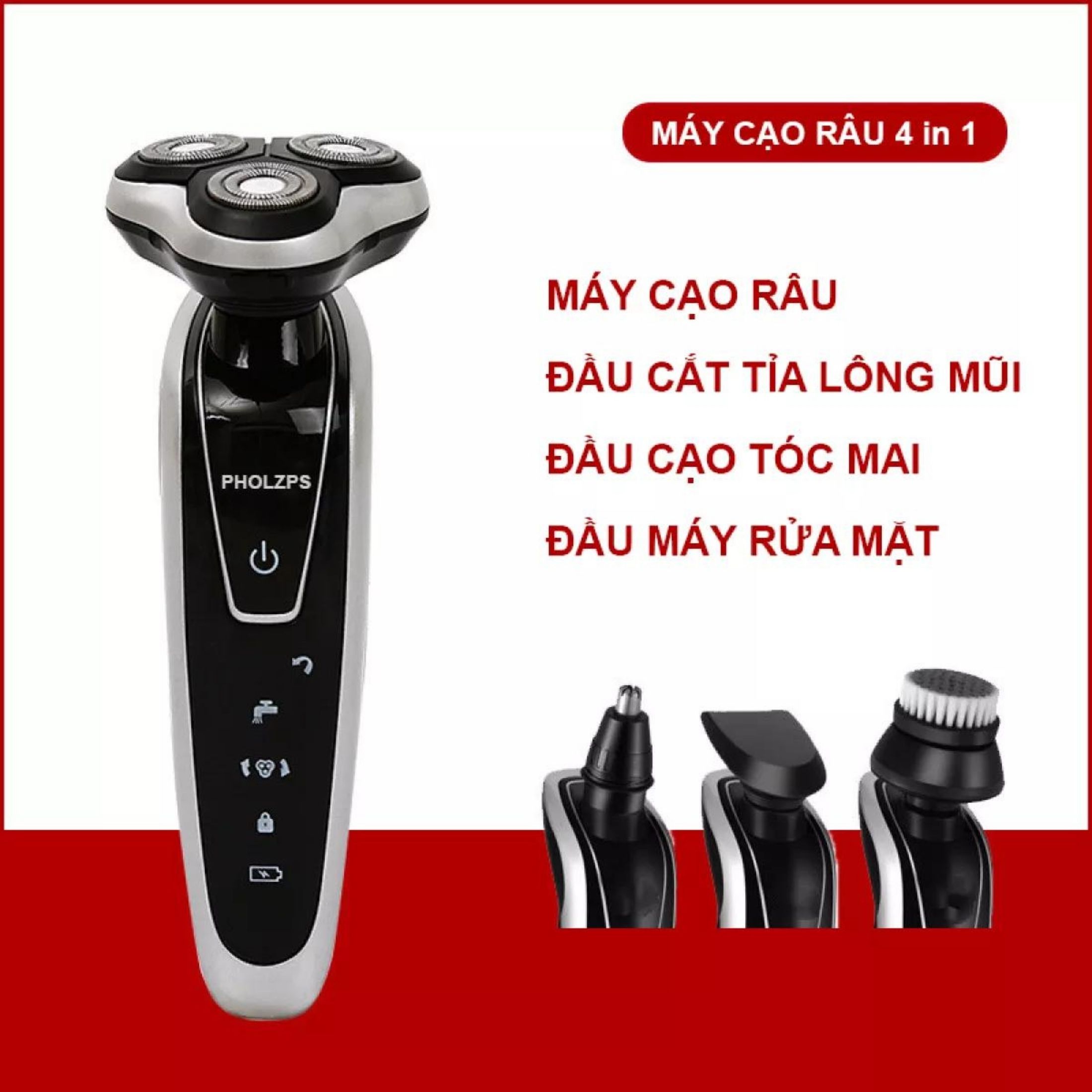 Máy cạo râu đa năng 4 in 1 PHOLZPS thế hệ mới - Máy cạo râu nam cao cấp kèm 4 đầu chức năng cạo râu, cắt tỉa lông mũi, cạo tóc mai, rửa mặt - Máy cạo râu cầm tay 3 lưỡi tháo lắp, vệ sinh dễ dàng