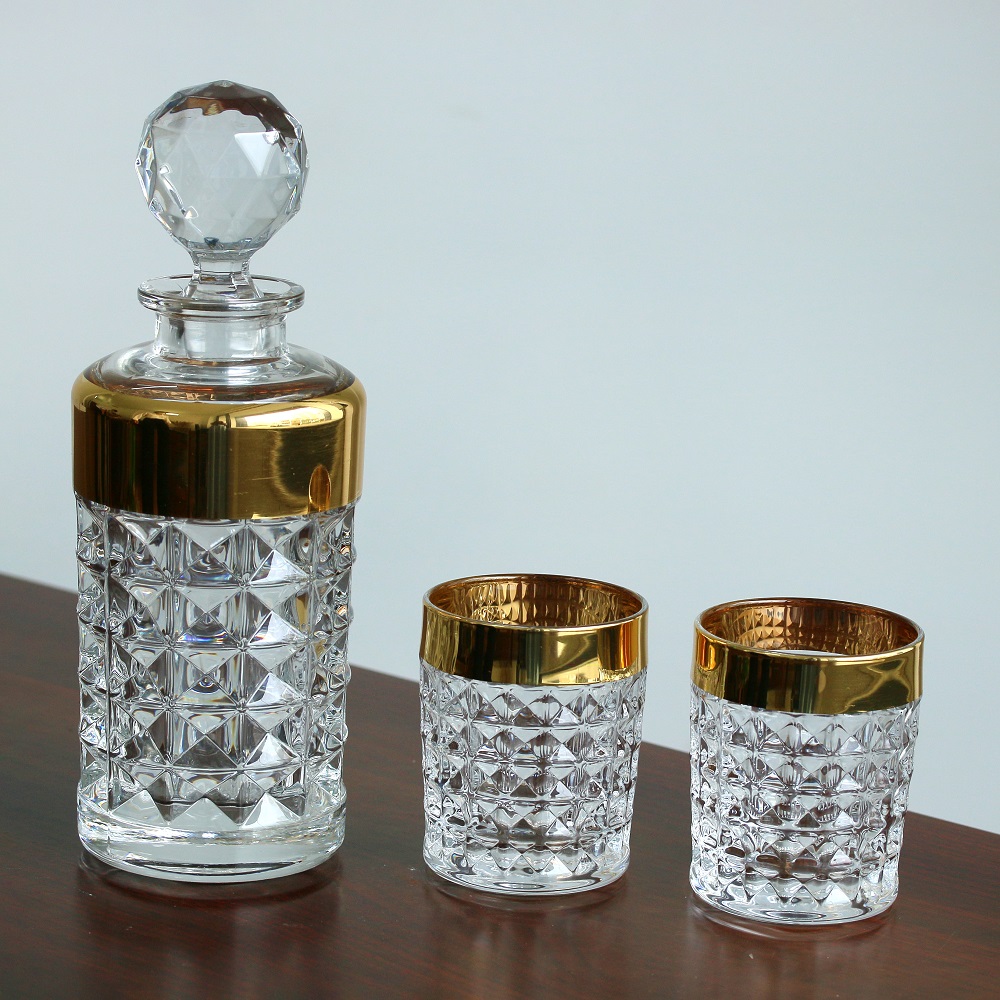 Bộ bình Ly rượu Whiskey Diamond mạ vàng Pha lê Bohemia Tiệp khắc