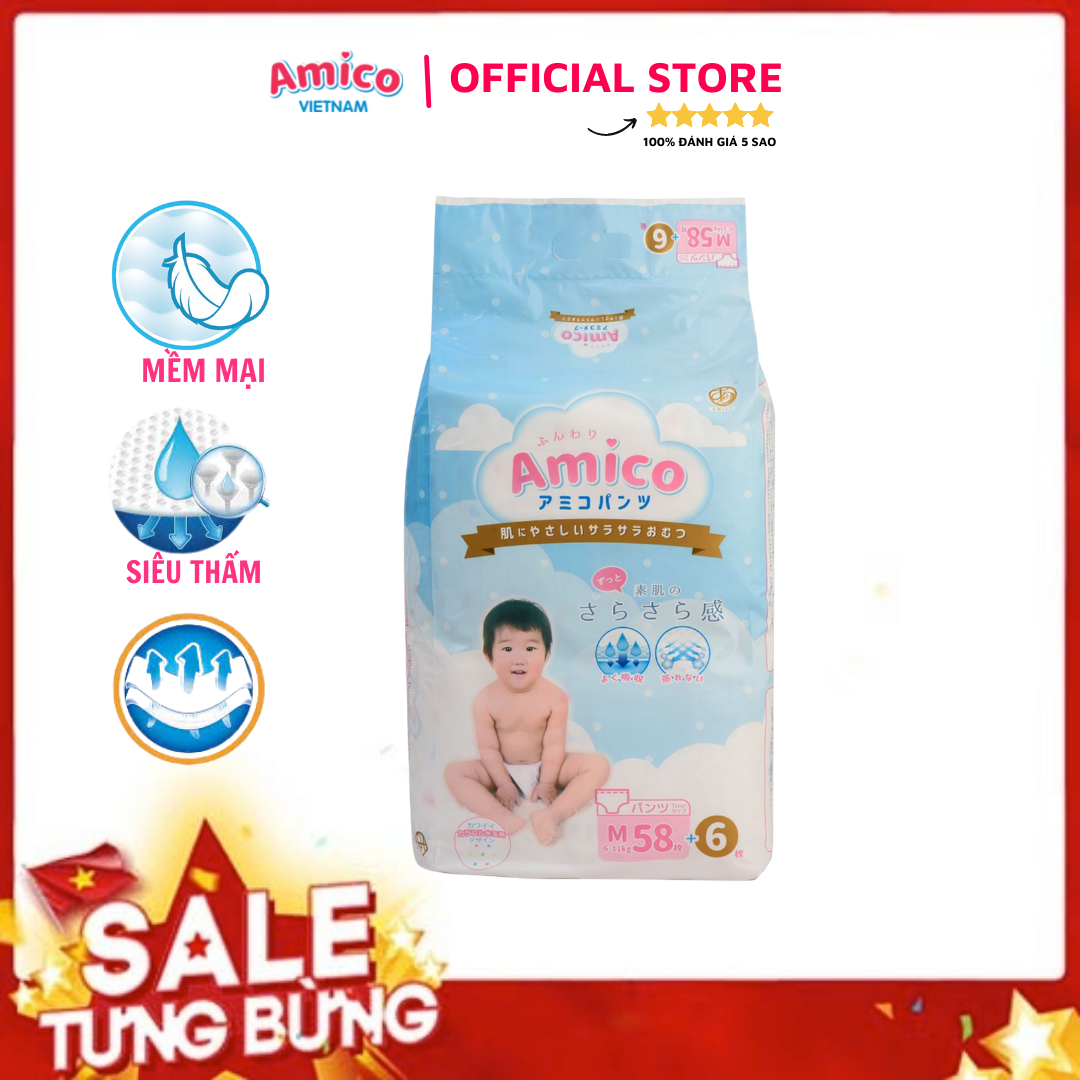 Bỉm - Tã quần Amico size M 58 + 6 miếng (Cho bé 6 - 11kg)