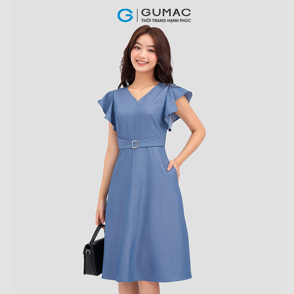 Đầm xòe GUMAC DC12002 tay bèo thắt đai eo thanh lịch