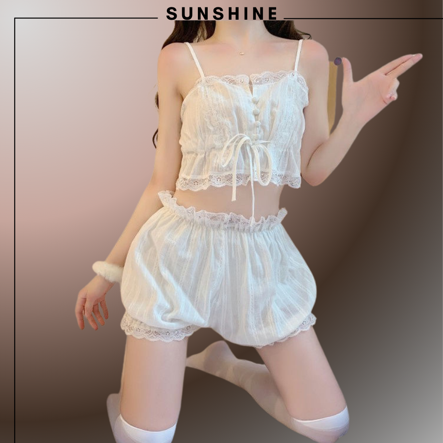 Bộ Đồ Ngủ- Mặc Nhà Quần Đùi Áo Croptop Hai Dây Ren Đũi Mỏng-SUNSHINE
