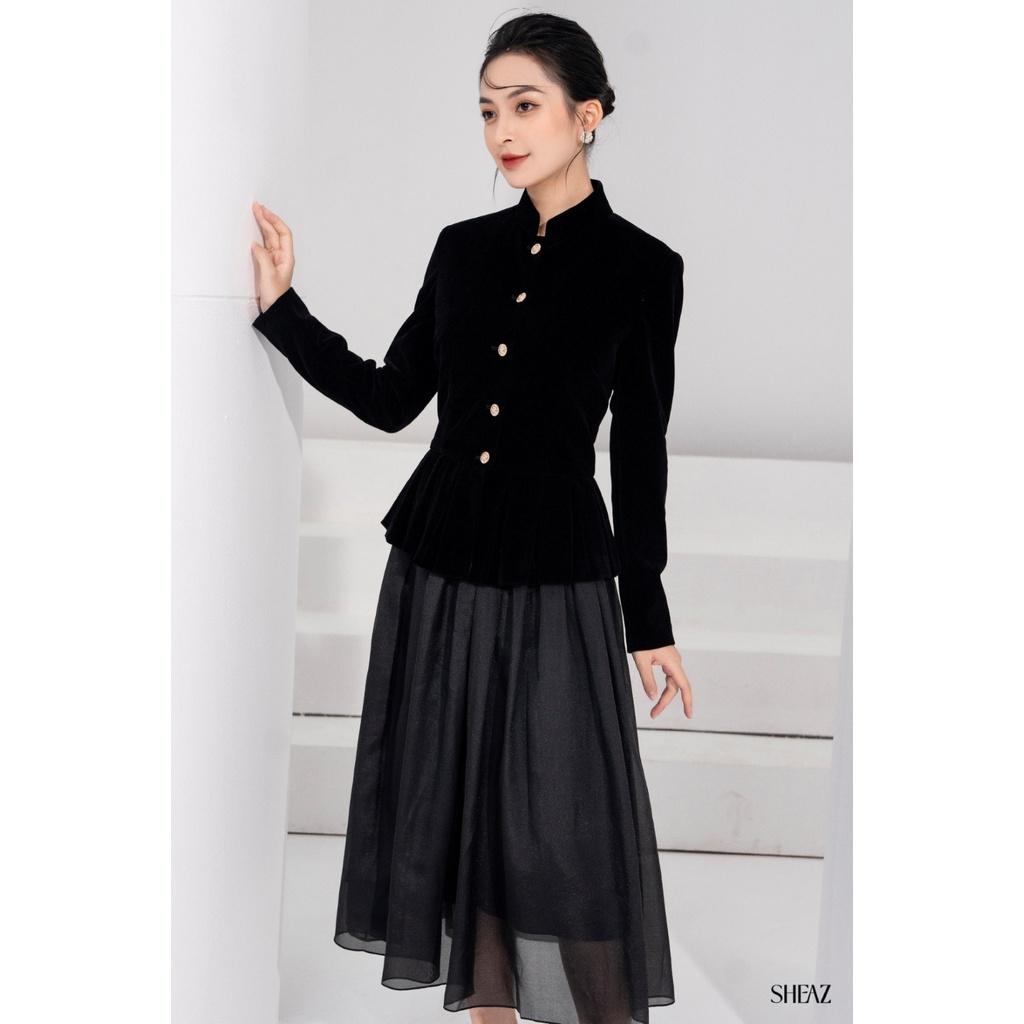 SHEAZ Áo vest blazer nhung đen thu đông cúc đồng dáng peplum