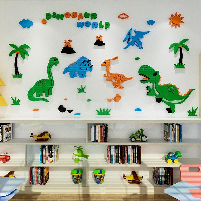Tranh dán tường mica 3d decor khổ lớn khủng long trang trí mầm non, mẫu giáo, phòng cho bé