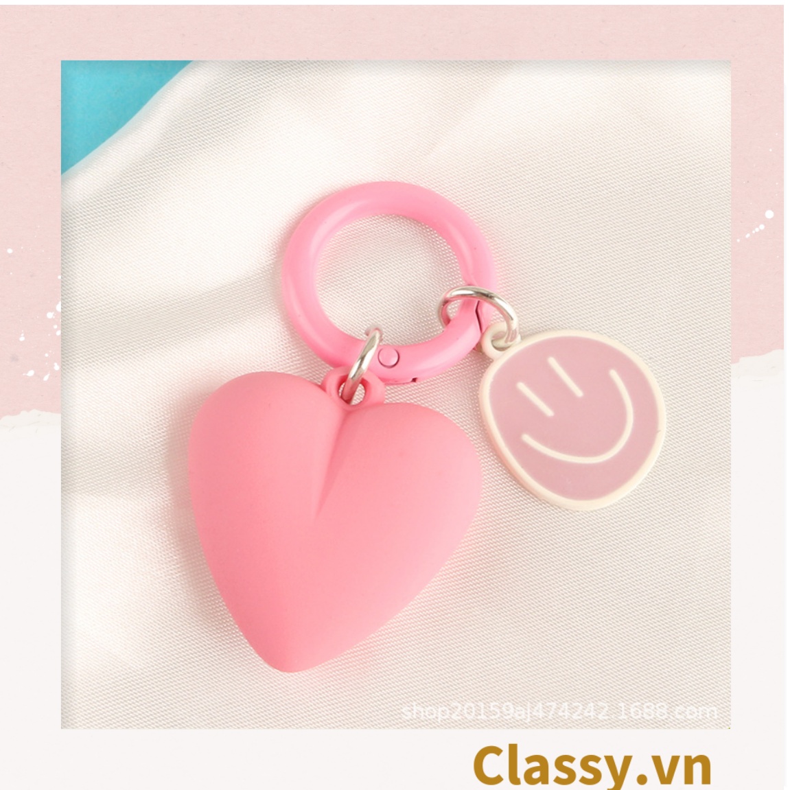 Móc khóa Classy, móc đeo điện thoại trái tim đính kèm mặt cười màu pastel, móc khóa balo, điện thoại PK1539