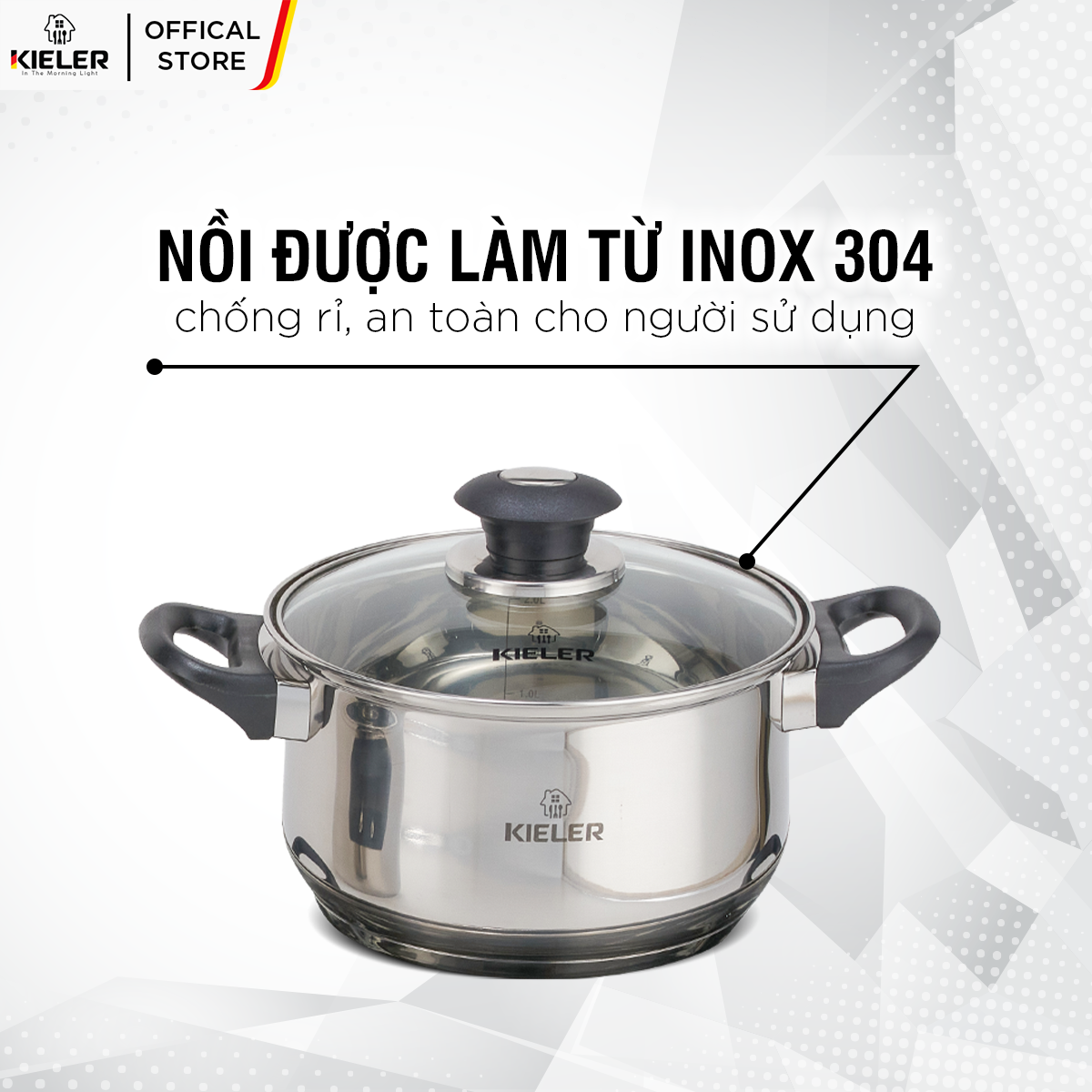 Nồi Inox 5 đáy KIELER đáy từ 20cm nấu nhanh, tiết kiệm điện, có 2 lớp chống dính Whitford ít bám dầu mỡ RW1222-20