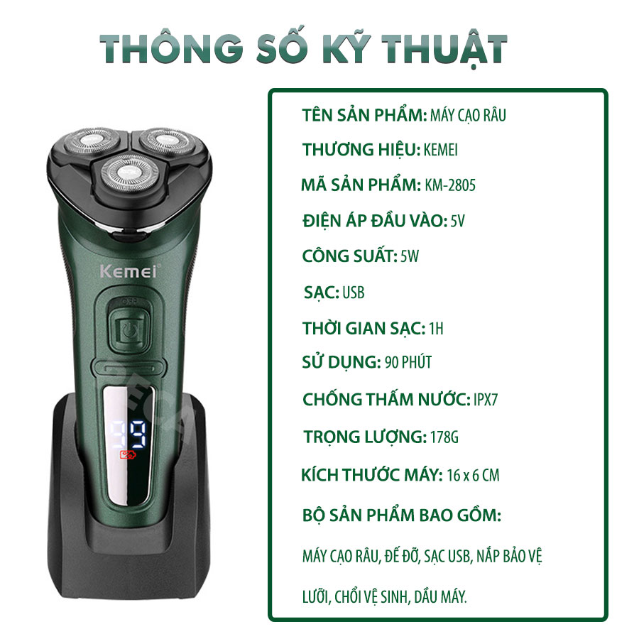 Máy cạo râu khô và ướt KEMEI KM-2805 chống thấm nước IPX7 công suất mạnh 5W pin trâu sạc USB nhanh trong 1 giờ tặng kèm đế đỡ cất giữ máy tiện lợi - hãng phân phối chính thức