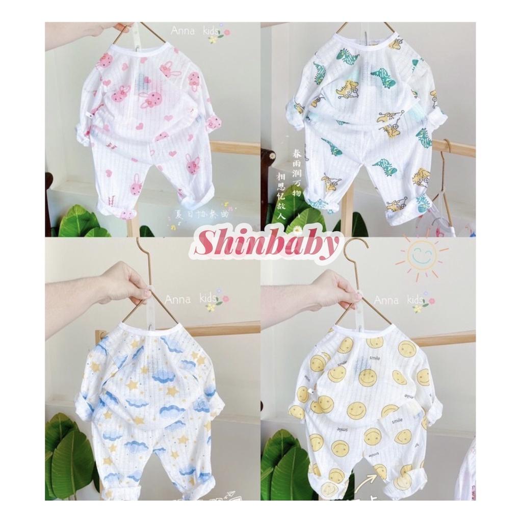 Set 5 bộ cotton giấy dài tay cài vai mỏng mát cho bé nhiều họa tiết dễ thương