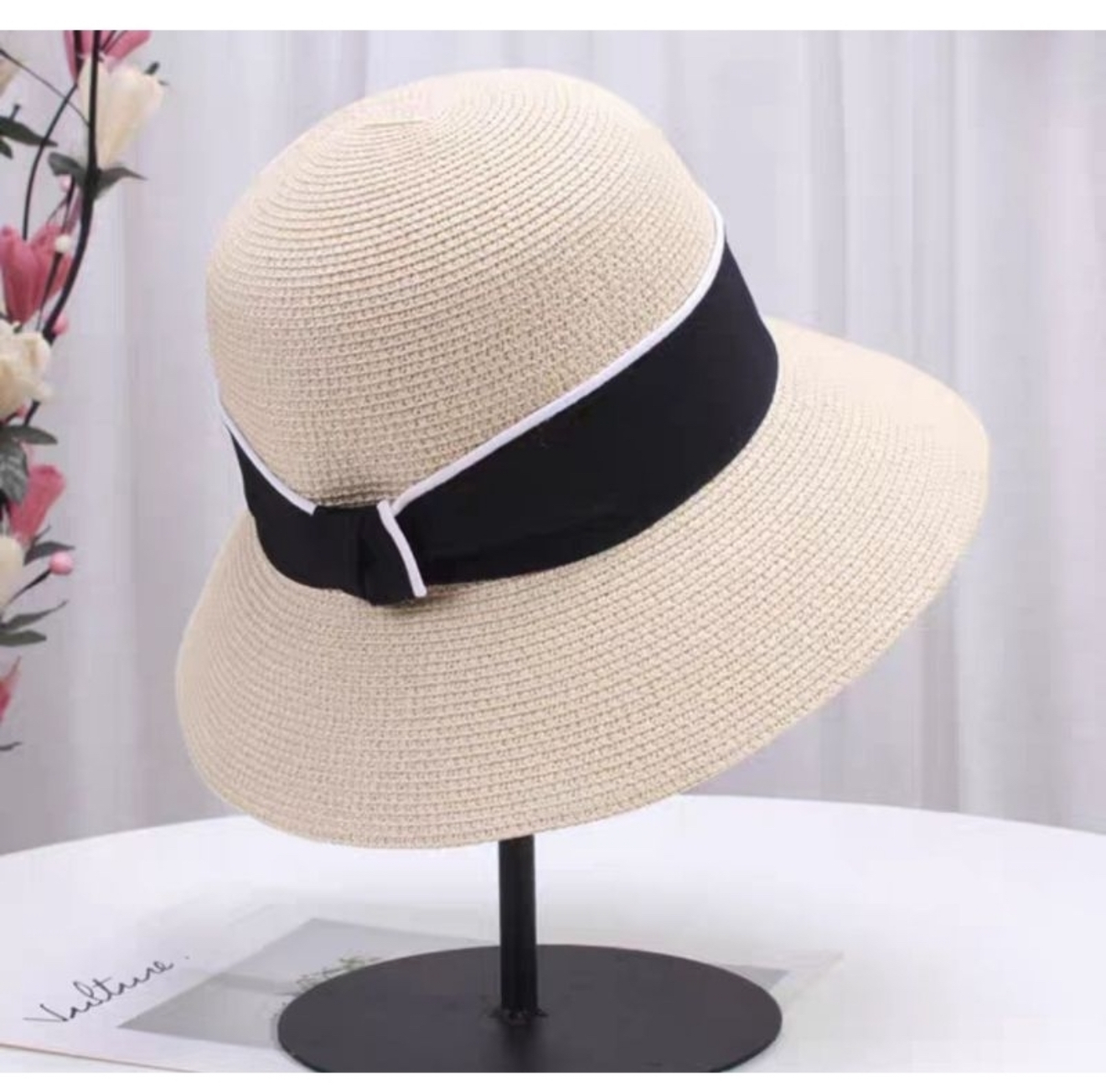 Mũ cói đi biển nữ nón rông Vành đai đen phối trắng thời trang Hàn Quốc dona260626