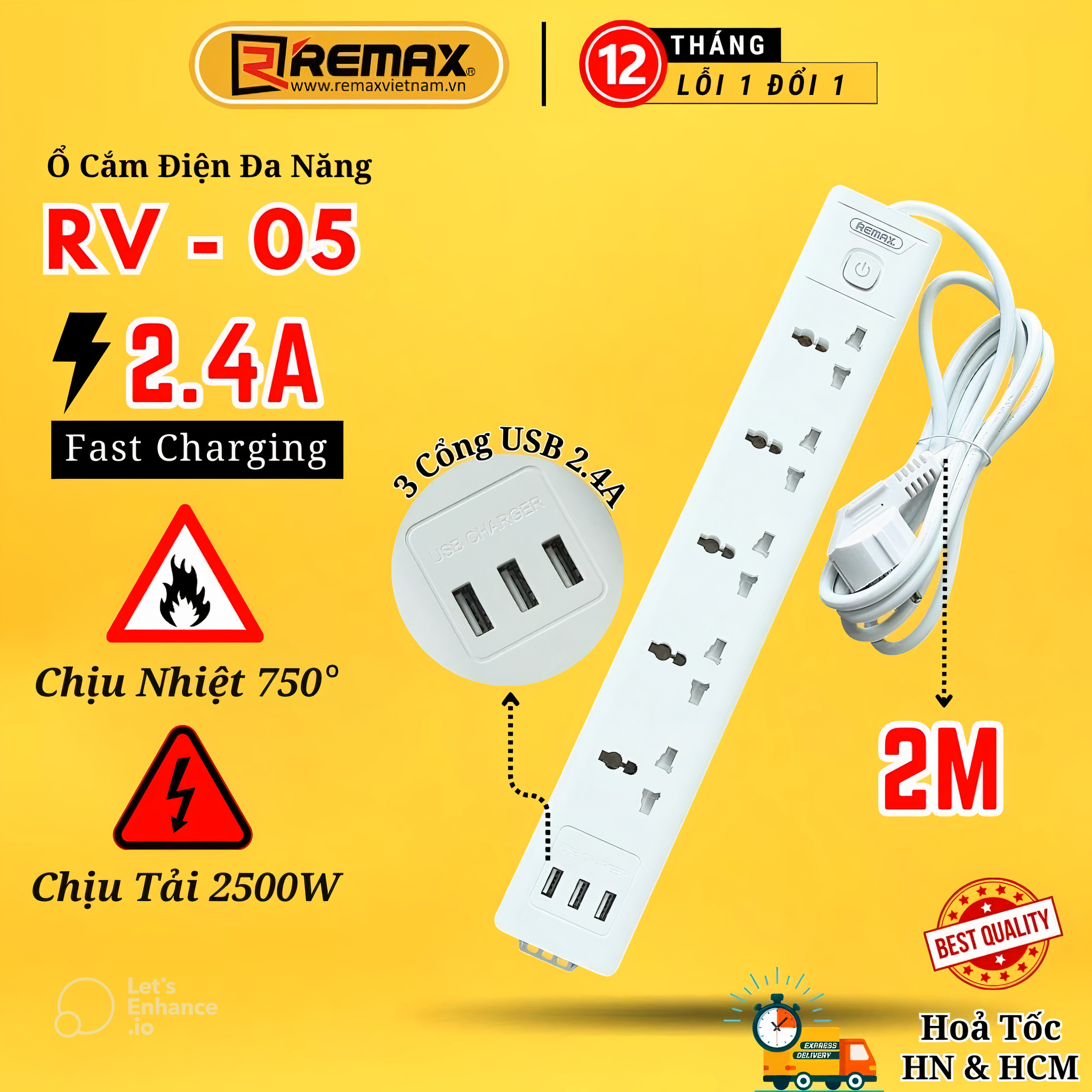 Ổ cắm điện đa năng Remax 5 ổ cắm + 3 USB Remax RV-05 lỗ cắm tải 2500W an toàn chống giật, chịu nhiệt - Hàng Chính Hãng Remax