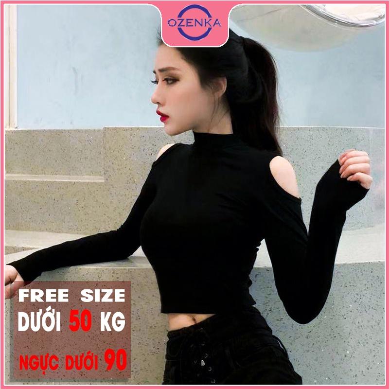 Áo croptop cổ lọ hở vai tay dài , crt ôm body thun gân 100% cotton đen trắng free size dưới 50kg mặc đi chơi