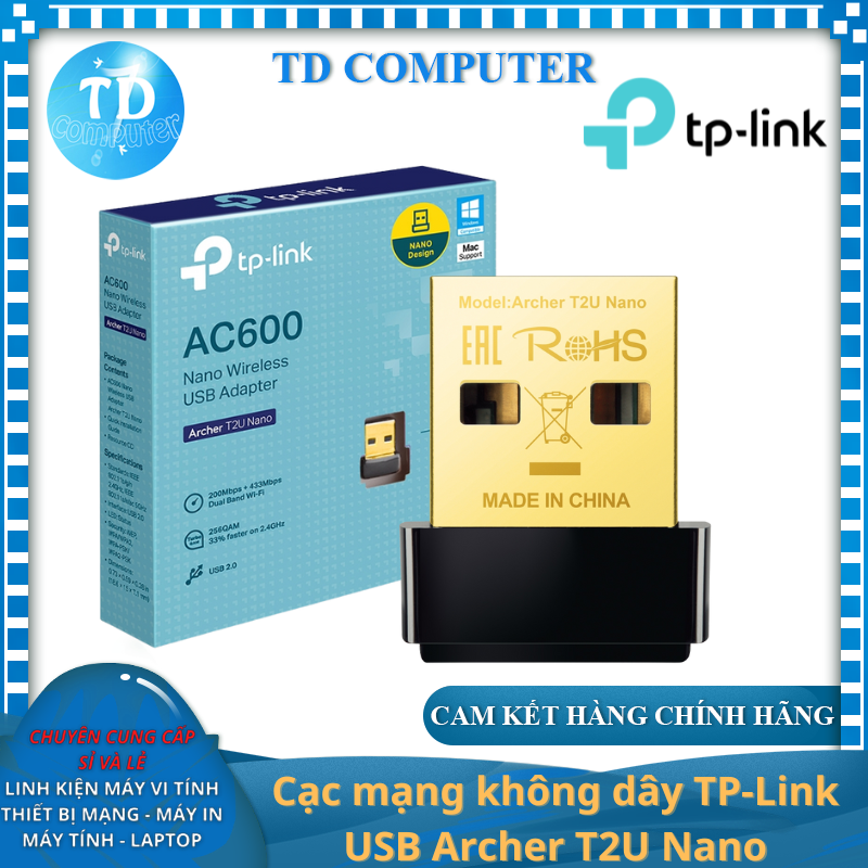 Hình ảnh Cạc mạng không dây TP-Link USB Archer T2U Nano (Chuẩn AC/ AC600Mbps/ Ăng-ten ngầm) - Hàng chính hãng FPT phân phối