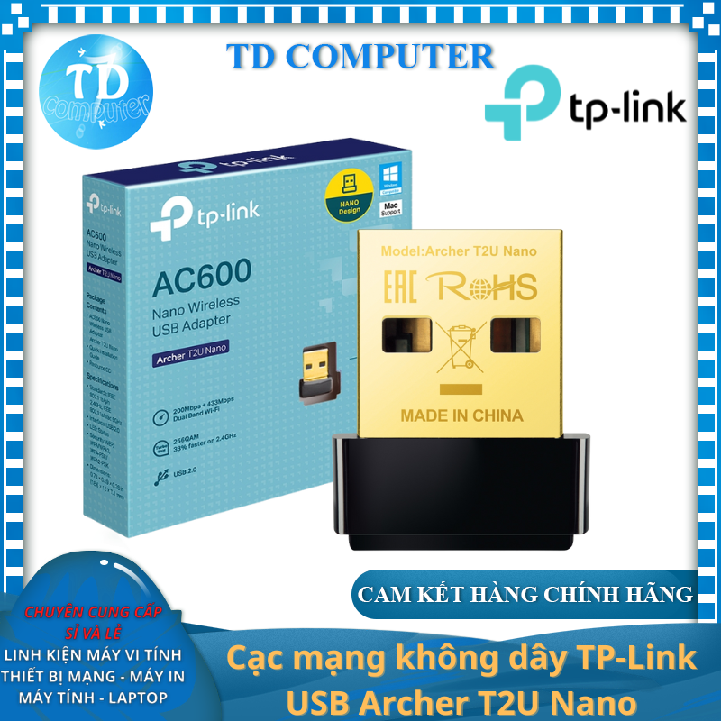 Cạc mạng không dây TP-Link USB Archer T2U Nano (Chuẩn AC/ AC600Mbps/ Ăng-ten ngầm) - Hàng chính hãng FPT phân phối