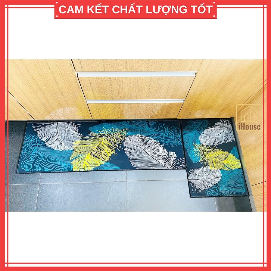 Bộ thảm lau chân nhà bếp màu họa tiết lông chim xanh, thảm nhà bếp dài trang trí bền đẹp (gồm 2 miếng)