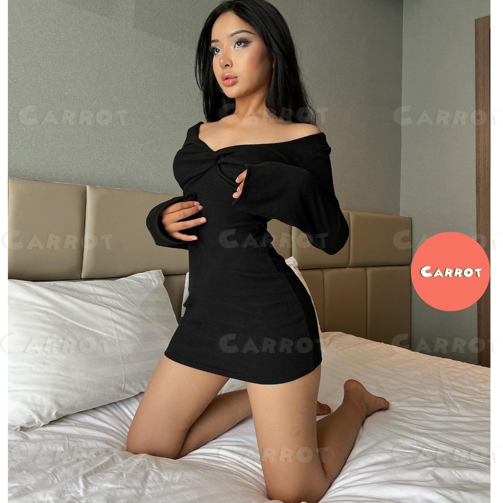 Đầm body trắng sexy tay dài dự tiệc váy dáng ôm khoét ngực soắn ngực chất thun co giãn tốt freesize carrotxinhdep