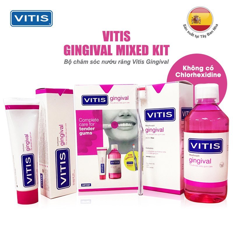 Bộ chăm sóc răng miệng dành cho nướu nhạy cảm Vitis Gingival Mixed Pack (Nước súc miệng 500ml, kem đánh răng 100ml và bàn chảil, dùng được cho phụ nữ mang thai, cho con bú)