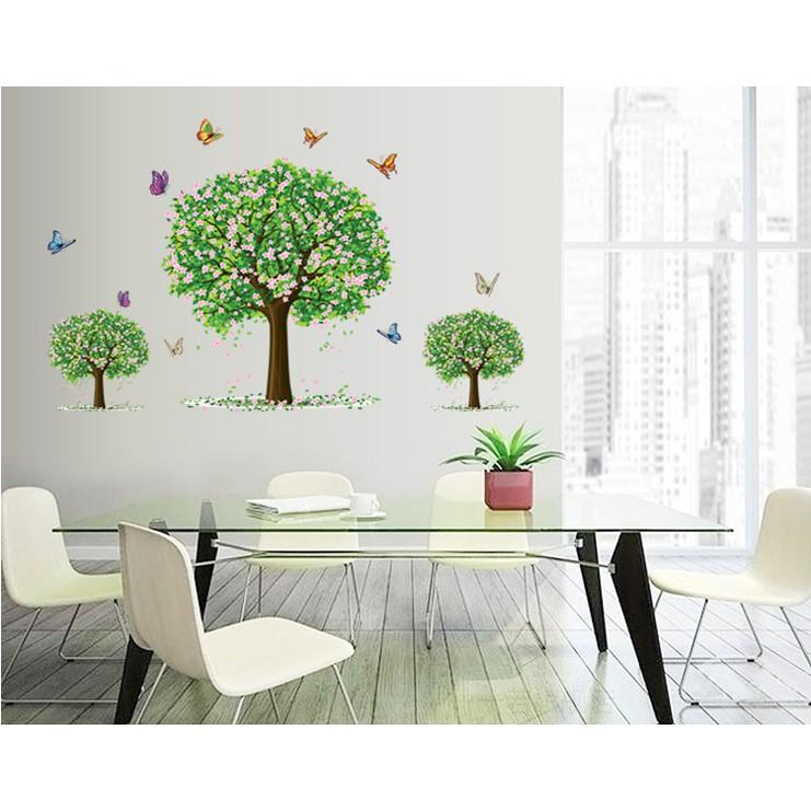 Decal trang trí tường 3 thân cây lớn có Hoa cùng Bướm xinh
