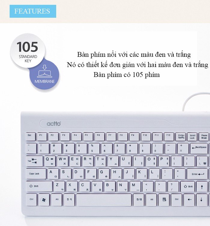 Bàn phím văn phòng Grain Keyboard Actto KBD-37 HÀNG CHÍNH HÃNG WHITE