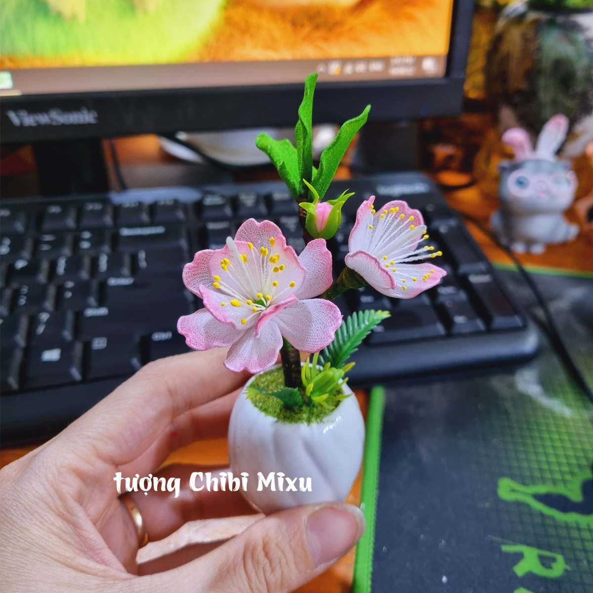 Chậu hoa đào hoa mai mini bằng vải voan