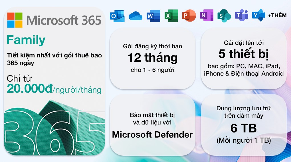 Phần mềm Microsoft Office 365 Family 6GQ-01896 / EP2-36878  | 12 tháng | Dành cho tối đa 6 người | 5 thiết bị/tài khoản| Word, Excel, PowerPoint | 1TB OneDrive