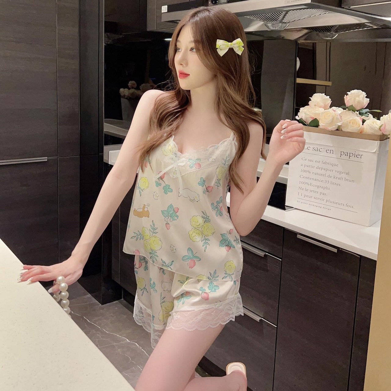 Bộ ngủ sexy 2 dây lụa hách dáng, bộ ngủ lụa phối ren mặc nhà gợi cảm