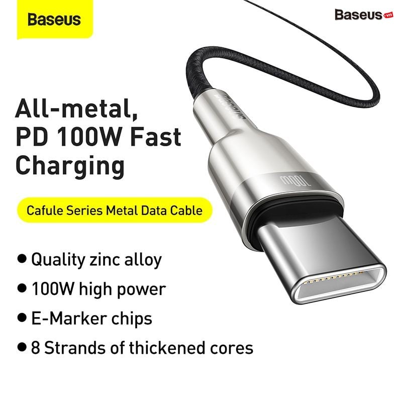Cáp sạc nhanh siêu bền 2 đầu Type-C Baseus Cafule Metal Series màu tím (100W) không hộp - Hàng nhập khẩu