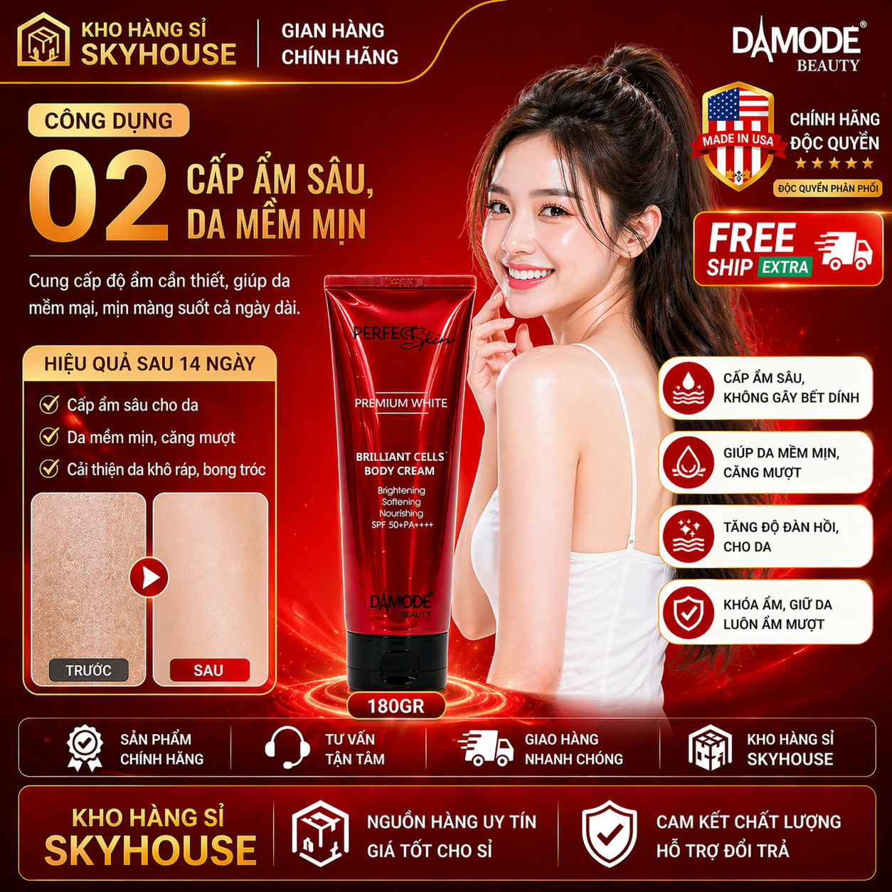 Kem body trắng da BRILLIANT CELLS DAMODE chai 180gr kem body dưỡng ẩm đều màu da chính hãng